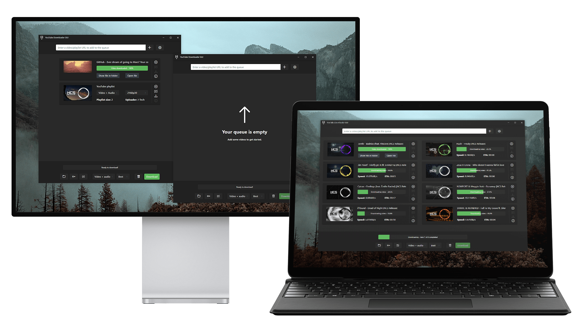 Open Video Downloader shown on a laptop and monitor